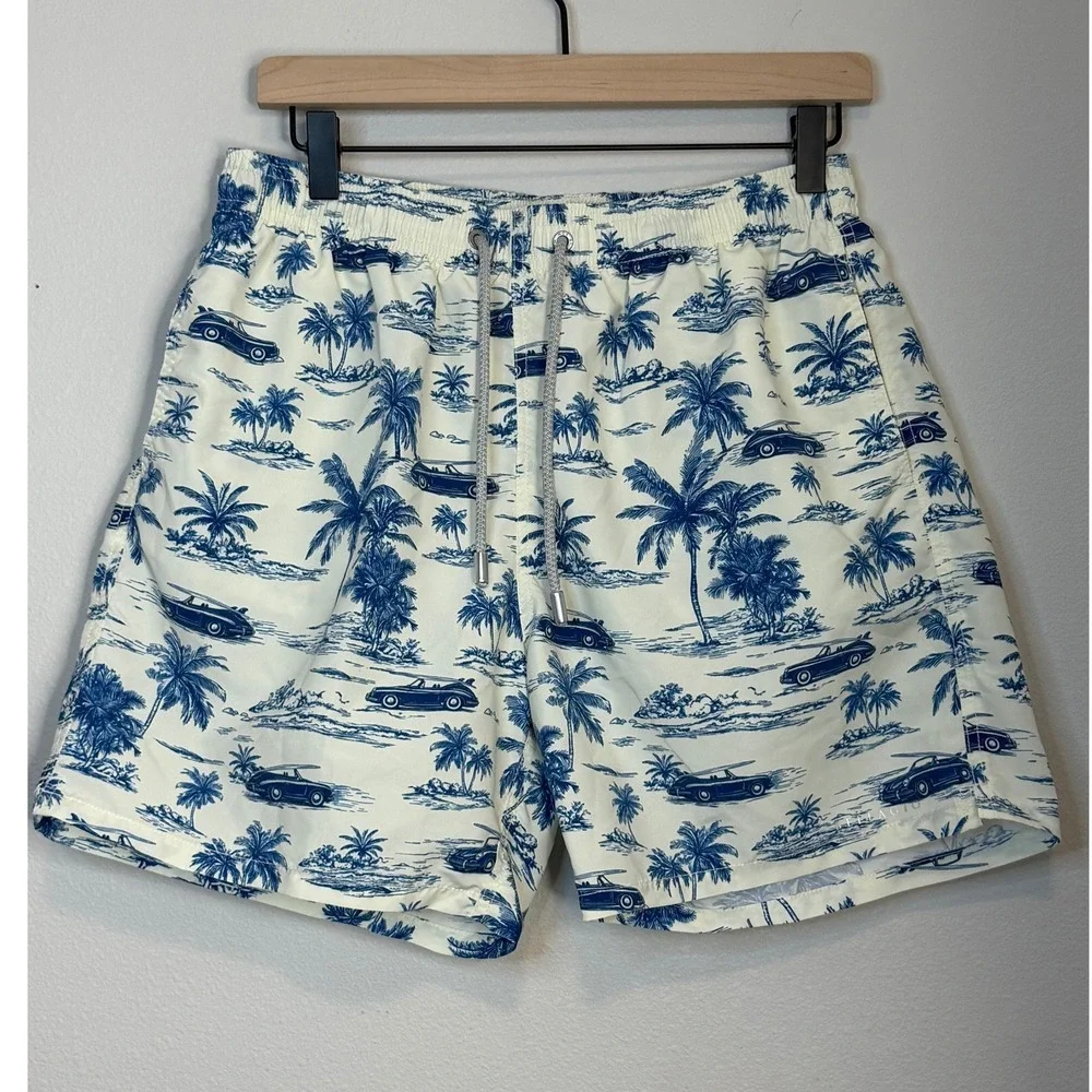 MC2 Saint Barth Men's Swim Trunks Toile De Jouy Vintage Car Palm Tree Blue Large